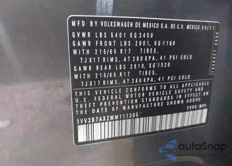 2021 Volkswagen Tiguan 2.0T Se/2.0T Se R-Line Black/2.0T Sel from USA, damaged, VIN 3VV2B7AX2MM111385